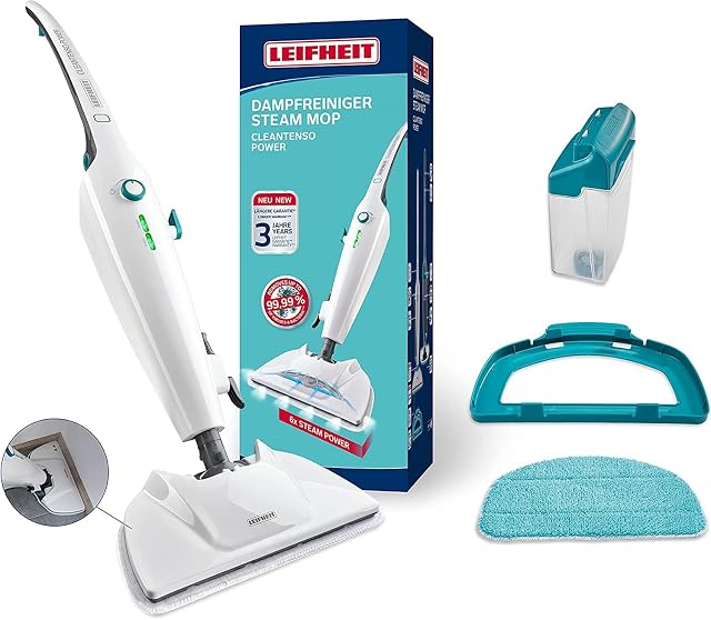 Leifheit CleanTenso Power Dampfmopp mit rechteckiger Bodenplatte und Mikrofaserpad, Produktfoto